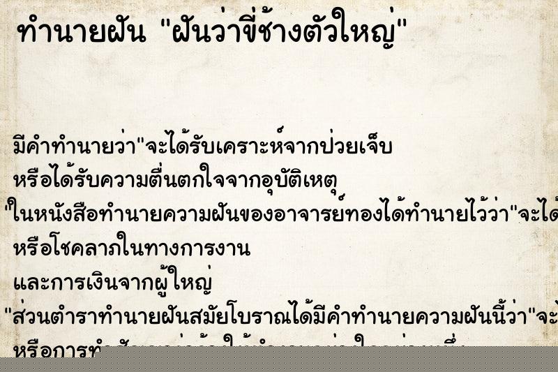 ทำนายฝันฝันว่าขี่ช้างตัวใหญ่ ทำนายฝันทำนายฝันฝันว่าขี่ช้างตัวใหญ่