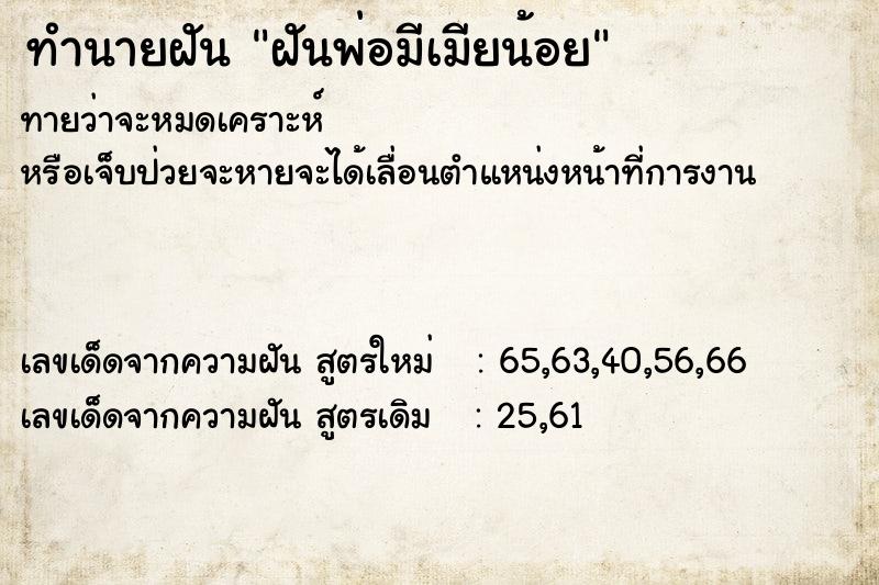 ทำนายฝันทำนายฝันฝันพ่อมีเมียน้อย