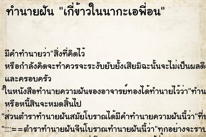 ทำนายฝันเกี่ข้าวในนากะเอพี่อน ทำนายฝันทำนายฝันเกี่ข้าวในนากะเอพี่อน