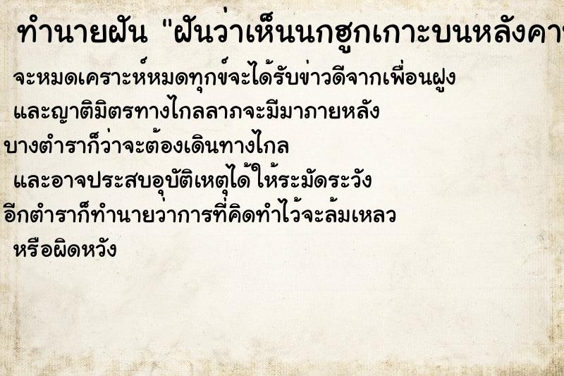 ทำนายฝันฝันว่าเห็นนกฮูกเกาะบนหลังคาบ้าน ทำนายฝันทำนายฝันฝันว่าเห็นนกฮูกเกาะบนหลังคาบ้าน