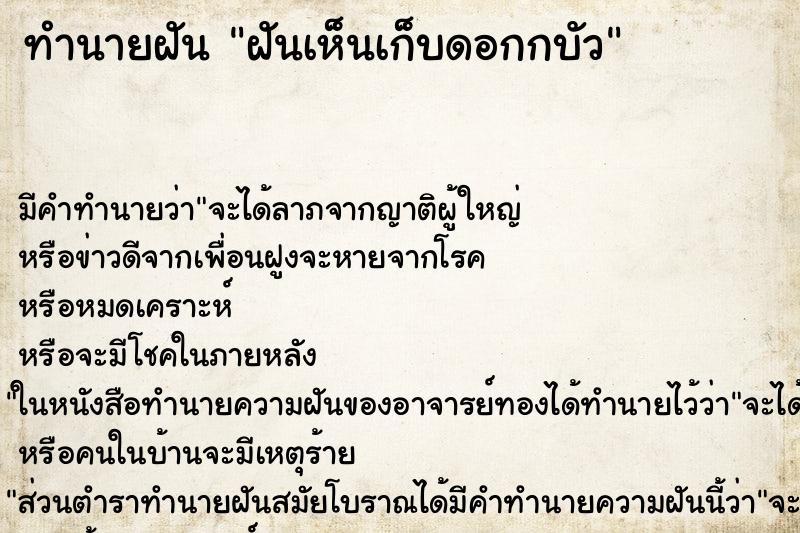 ทำนายฝัน ฝันเห็นเก็บดอกกบัว ทำนายฝัน ฝันเห็นเก็บดอกกบัว