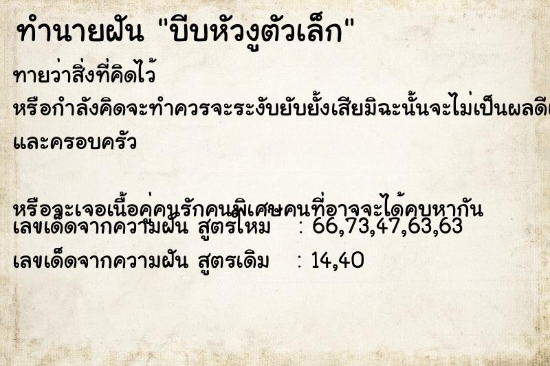 ทำนายฝันบีบหัวงูตัวเล็ก ทำนายฝันทำนายฝันบีบหัวงูตัวเล็ก