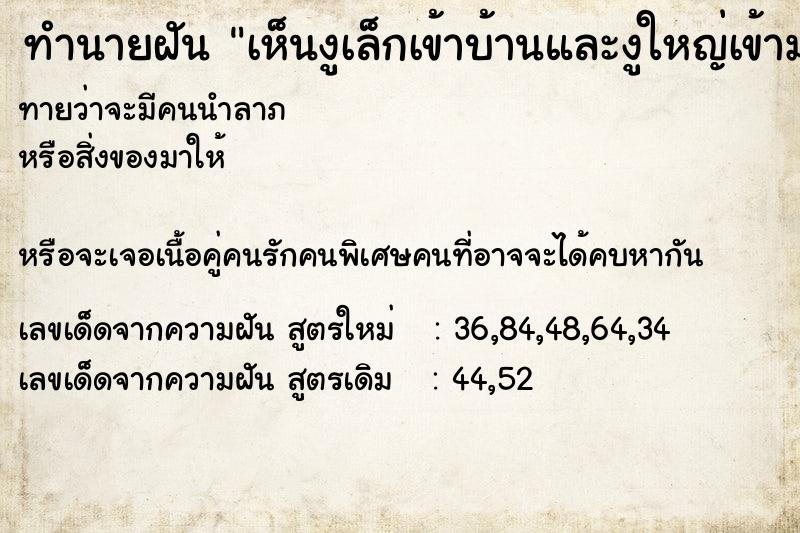 ทำนายฝันทำนายฝันเห็นงูเล็กเข้าบ้านและงูใหญ่เข้ามาอีกตัว