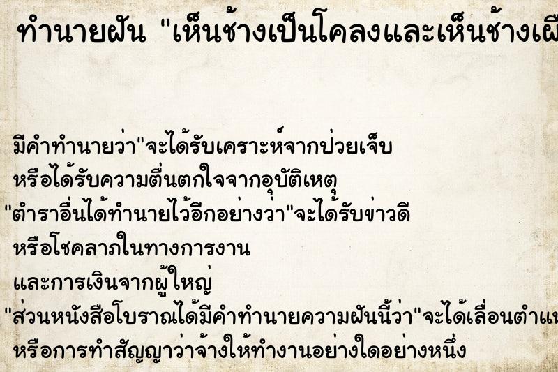 ทำนายฝัน เห็นช้างเป็นโคลงและเห็นช้างเผือก ทำนายฝัน เห็นช้างเป็นโคลงและเห็นช้างเผือก