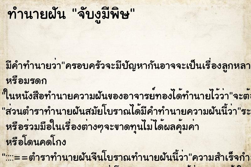 ทำนายฝัน จับงูมีพิษ ทำนายฝัน จับงูมีพิษ