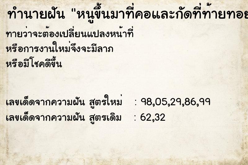 ทำนายฝันหนูขึ้นมาที่คอและกัดที่ท้ายทอย ทำนายฝันทำนายฝันหนูขึ้นมาที่คอและกัดที่ท้ายทอย