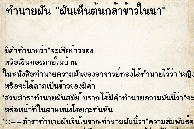 ทำนายฝัน ฝันเห็นต้นกล้าข้าวในนา ทำนายฝัน ฝันเห็นต้นกล้าข้าวในนา