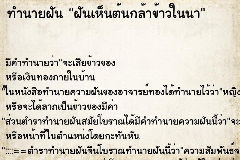 ทำนายฝัน ฝันเห็นต้นกล้าข้าวในนา ตำราโบราณ แม่นที่สุดในโลก