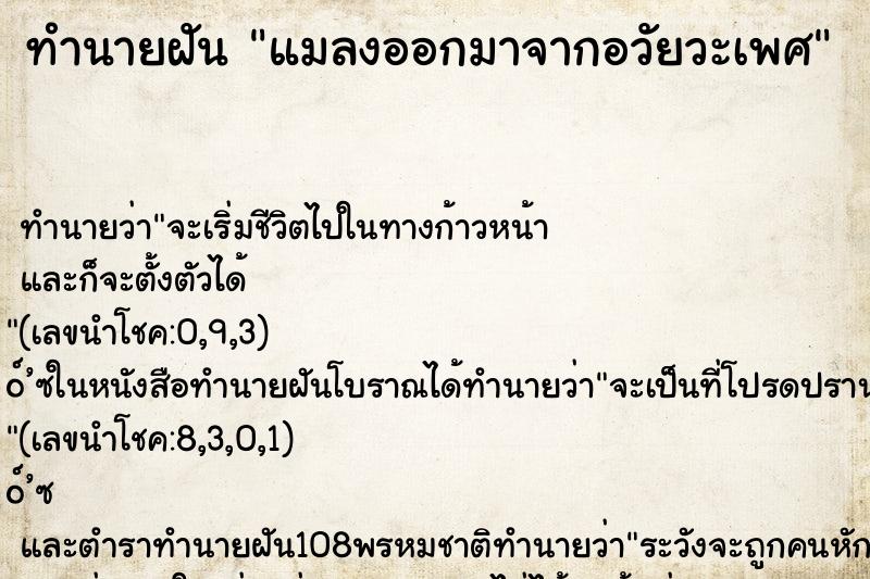 ทำนายฝัน แมลงออกมาจากอวัยวะเพศ ตำราโบราณ แม่นที่สุดในโลก