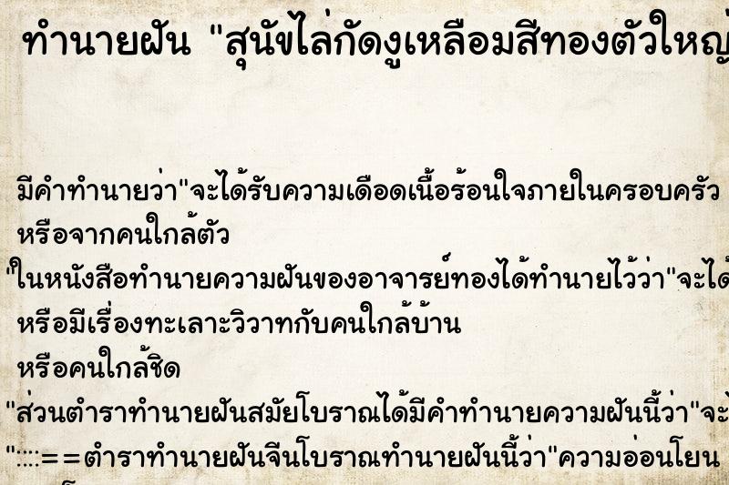 ทำนายฝัน สุนัขไล่กัดงูเหลือมสีทองตัวใหญ่ ทำนายฝัน สุนัขไล่กัดงูเหลือมสีทองตัวใหญ่