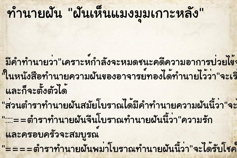 ทำนายฝัน ฝันเห็นแมงมุมเกาะหลัง ทำนายฝัน ฝันเห็นแมงมุมเกาะหลัง