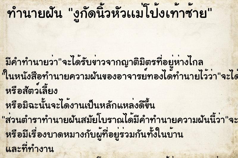 ทำนายฝันงูกัดนิ้วหัวเเม่โป้งเท้าซ้าย ทำนายฝันทำนายฝันงูกัดนิ้วหัวเเม่โป้งเท้าซ้าย