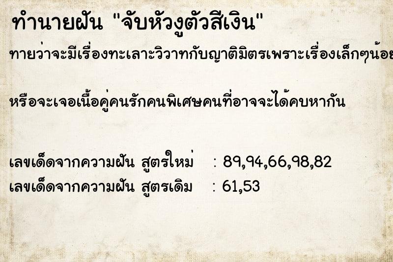 ทำนายฝันจับหัวงูตัวสีเงิน ทำนายฝันทำนายฝันจับหัวงูตัวสีเงิน