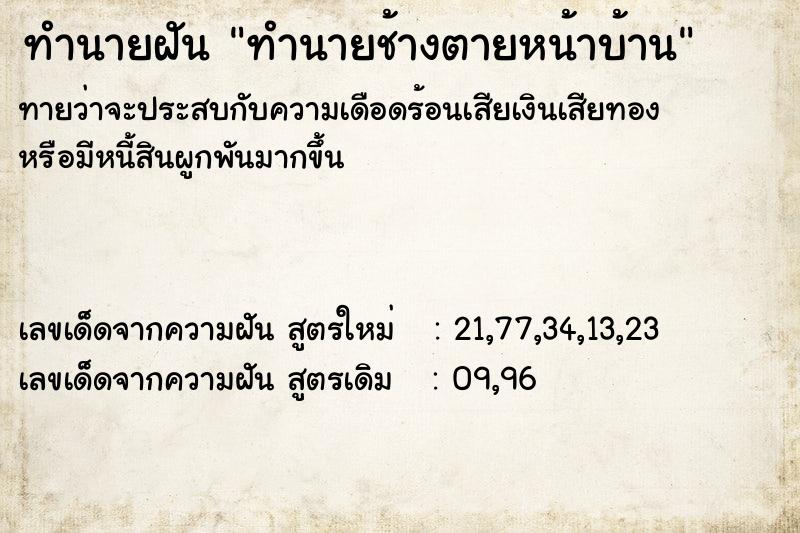ทำนายฝันทำนายช้างตายหน้าบ้าน ทำนายฝันทำนายฝันทำนายช้างตายหน้าบ้าน