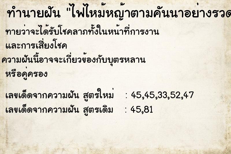 ทำนายฝันทำนายฝันไฟไหม้หญ้าตามคันนาอย่างรวดเร็วโดยไม่รู้สาเหตุ