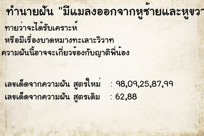 ทำนายฝันทำนายฝันมีแมลงออกจากหูซ้ายและหูขวา