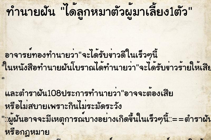 ทำนายฝัน ได้ลูกหมาตัวผู้มาเลี้ยง1ตัว ตำราโบราณ แม่นที่สุดในโลก