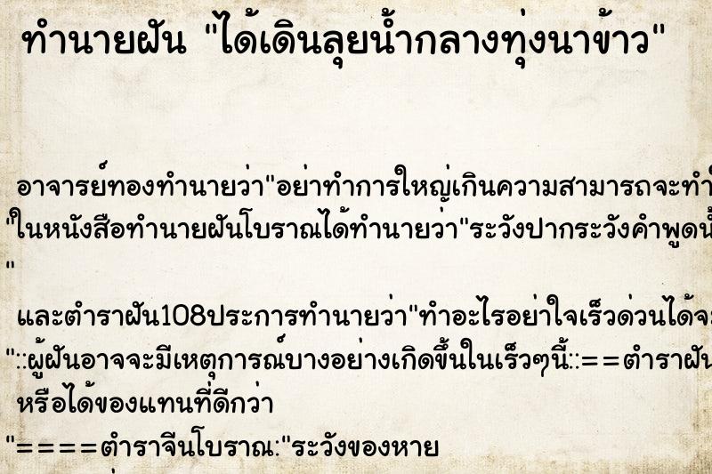 ทำนายฝัน ได้เดินลุยน้ำกลางทุ่งนาข้าว ทำนายฝัน ได้เดินลุยน้ำกลางทุ่งนาข้าว