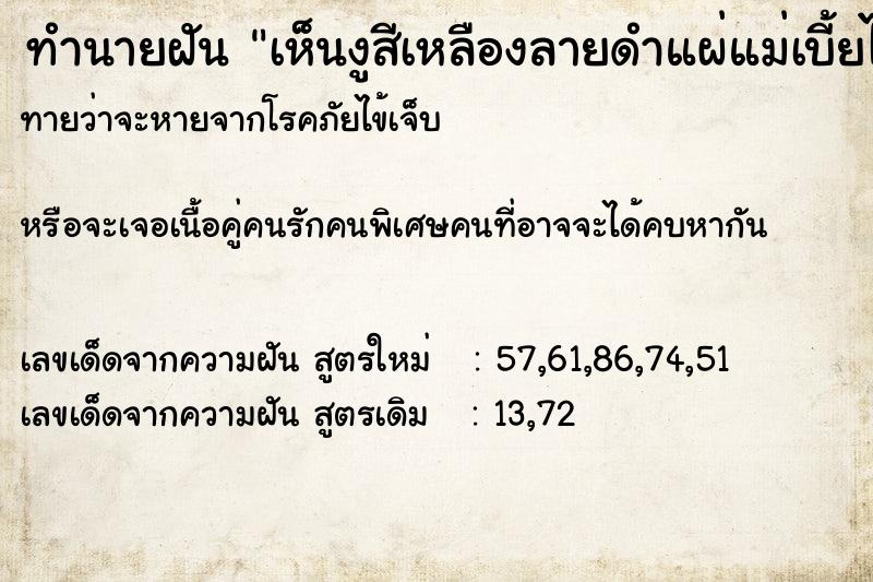 ทำนายฝันเห็นงูสีเหลืองลายดำแผ่แม่เบี้ยไม่ดุร้าย ทำนายฝันทำนายฝันเห็นงูสีเหลืองลายดำแผ่แม่เบี้ยไม่ดุร้าย