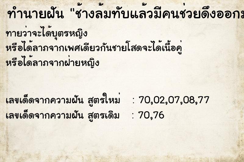 ทำนายฝันทำนายฝันช้างล้มทับแล้วมีคนช่วยดึงออกมา