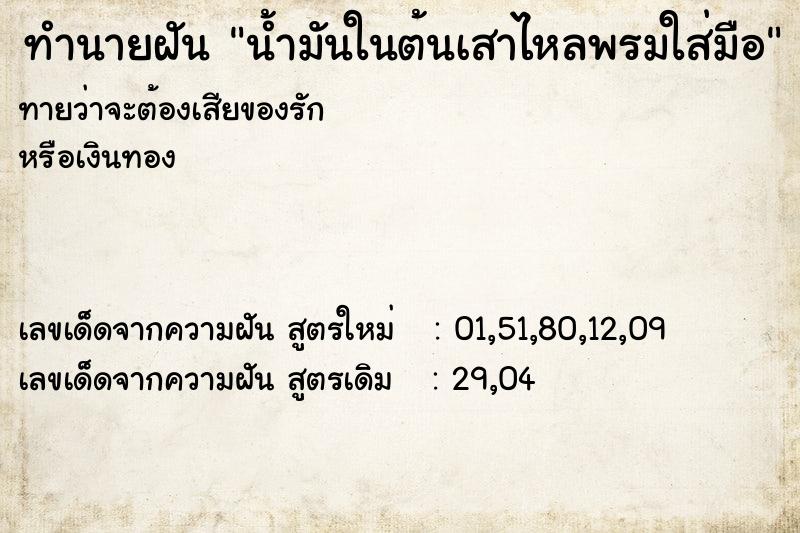 ทำนายฝันน้ำมันในต้นเสาไหลพรมใส่มือ ทำนายฝันทำนายฝันน้ำมันในต้นเสาไหลพรมใส่มือ