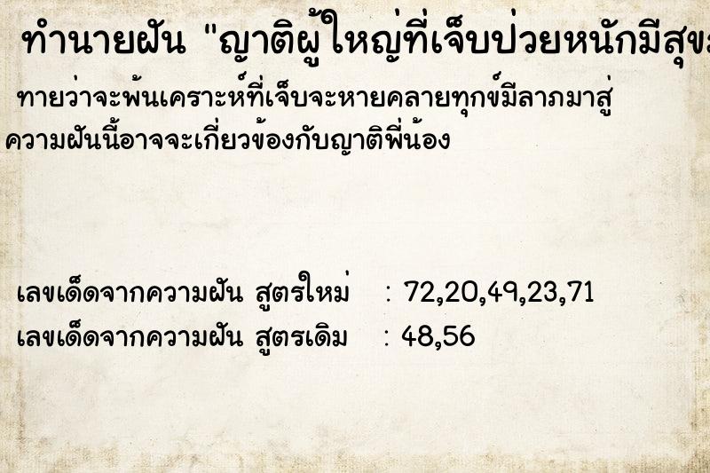 ทำนายฝันญาติผู้ใหญ่ที่เจ็บป่วยหนักมีสุขภาพแข็งแรง ทำนายฝันทำนายฝันญาติผู้ใหญ่ที่เจ็บป่วยหนักมีสุขภาพแข็งแรง