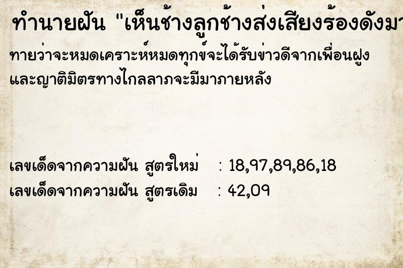 ทำนายฝันเห็นช้างลูกช้างส่งเสียงร้องดังมาก ทำนายฝันทำนายฝันเห็นช้างลูกช้างส่งเสียงร้องดังมาก