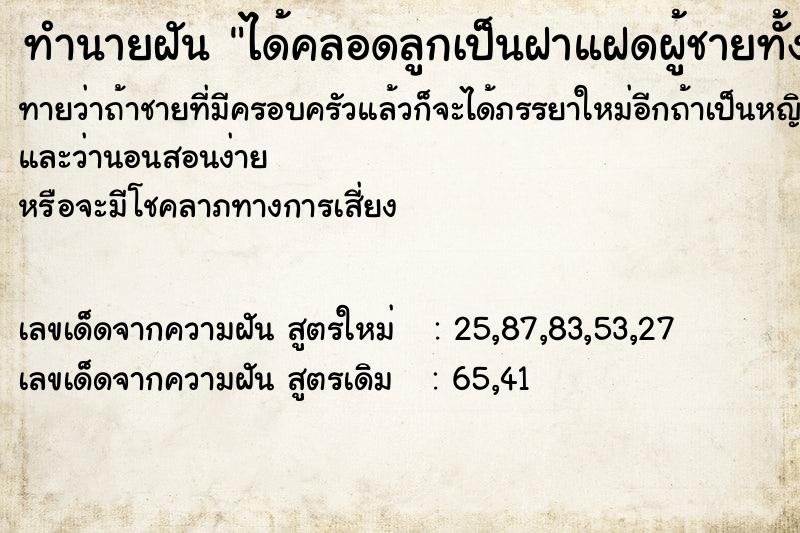 ทำนายฝันได้คลอดลูกเป็นฝาแฝดผู้ชายทั้งสองคน ทำนายฝันทำนายฝันได้คลอดลูกเป็นฝาแฝดผู้ชายทั้งสองคน