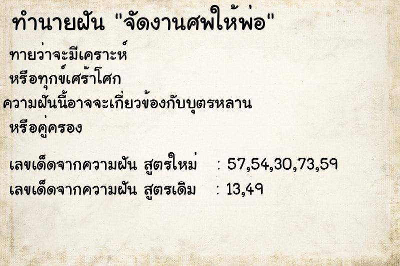 ทำนายฝัน จัดงานศพให้พ่อ ทำนายฝัน จัดงานศพให้พ่อ