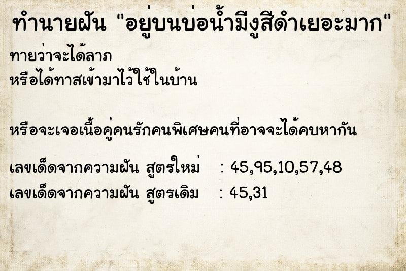 ทำนายฝันอยู่บนบ่อน้ำมีงูสีดำเยอะมาก ทำนายฝันทำนายฝันอยู่บนบ่อน้ำมีงูสีดำเยอะมาก