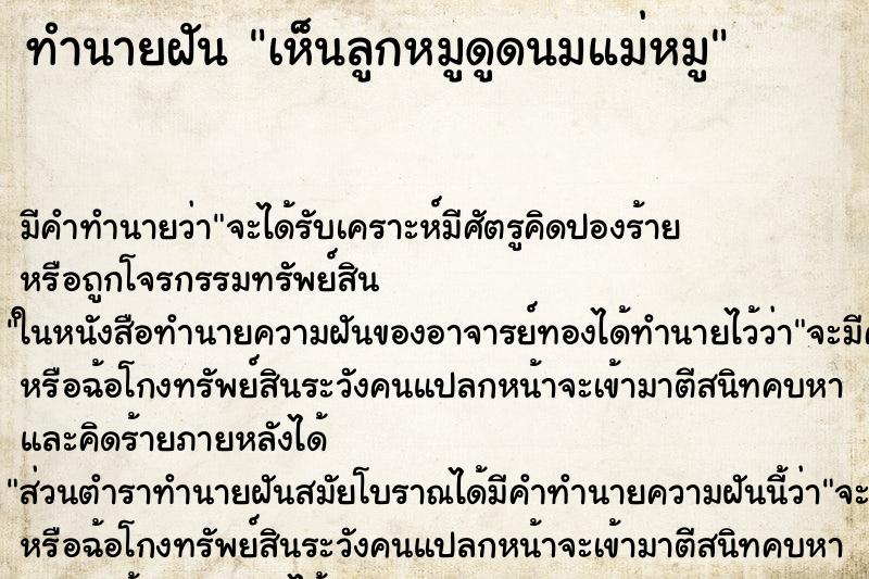 ทำนายฝัน เห็นลูกหมูดูดนมแม่หมู ตำราโบราณ แม่นที่สุดในโลก