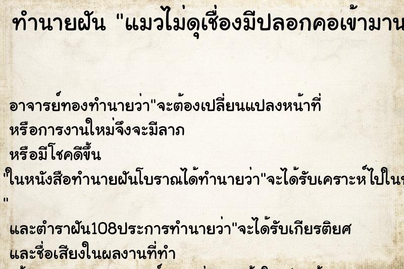ทำนายฝันทำนายฝันแมวไม่ดุเชื่องมีปลอกคอเข้ามานอนเล่นในบ้านเรา
