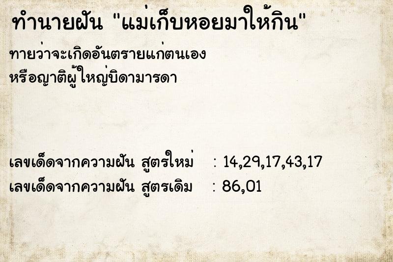 ทำนายฝันแม่เก็บหอยมาให้กิน ทำนายฝันทำนายฝันแม่เก็บหอยมาให้กิน