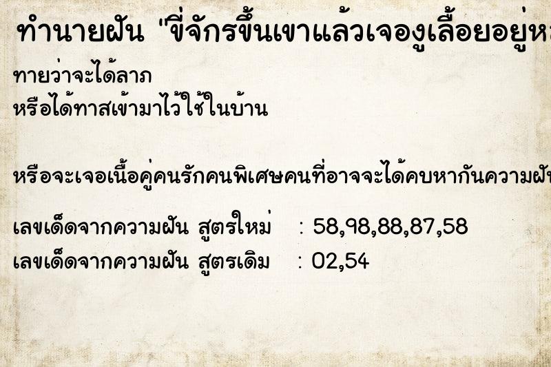 ทำนายฝันทำนายฝันขี่จักรขึ้นเขาแล้วเจองูเลื้อยอยู่หลายตัว