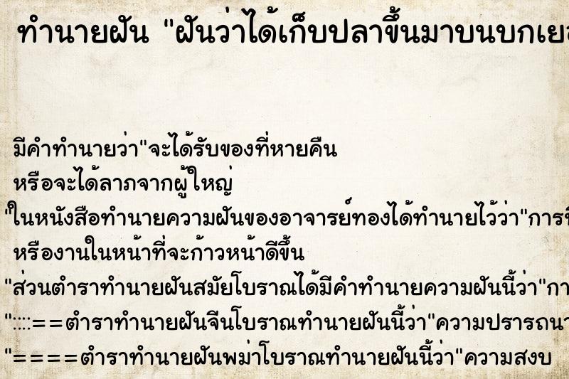 ทำนายฝันฝันว่าได้เก็บปลาขึ้นมาบนบกเยอะมาก ทำนายฝันทำนายฝันฝันว่าได้เก็บปลาขึ้นมาบนบกเยอะมาก