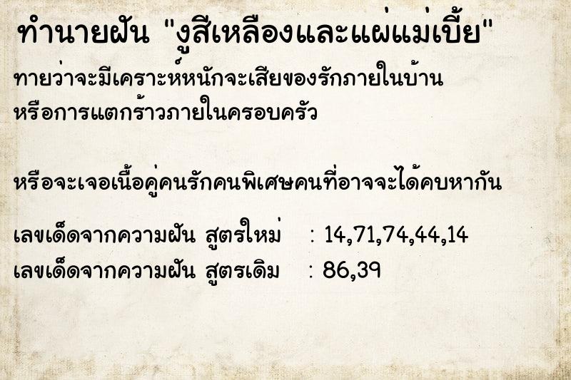 ทำนายฝันงูสีเหลืองและแผ่แม่เบี้ย ทำนายฝันทำนายฝันงูสีเหลืองและแผ่แม่เบี้ย