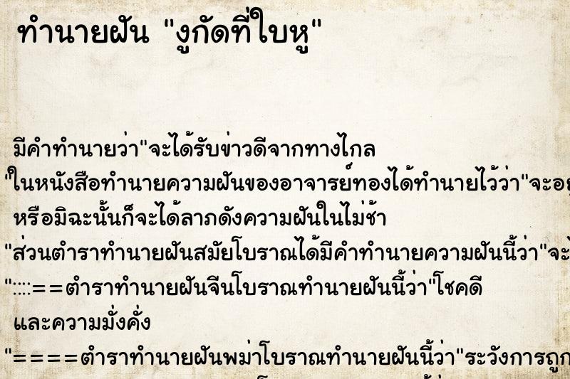 ทำนายฝันงูกัดที่ใบหู ทำนายฝันทำนายฝันงูกัดที่ใบหู