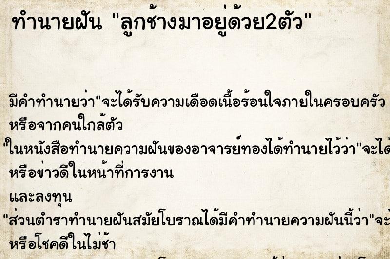 ทำนายฝัน ลูกช้างมาอยู่ด้วย2ตัว ทำนายฝัน ลูกช้างมาอยู่ด้วย2ตัว