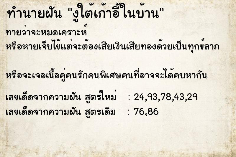 ทำนายฝันงูใต้เก้าอี้ในบ้าน ทำนายฝันทำนายฝันงูใต้เก้าอี้ในบ้าน