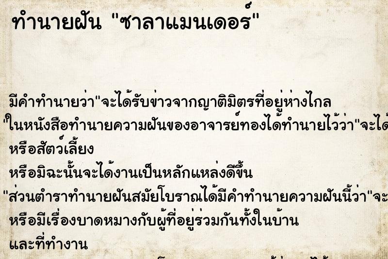 ทำนายฝัน ซาลาแมนเดอร์ ทำนายฝัน ซาลาแมนเดอร์