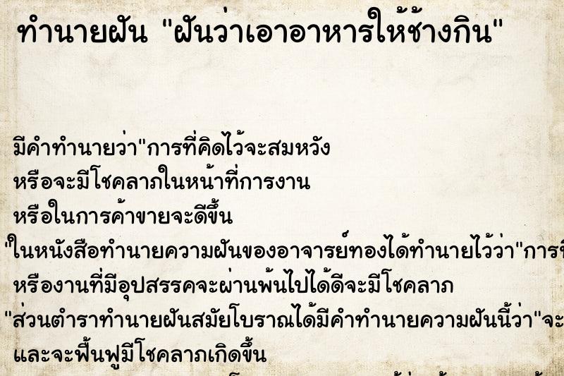 ทำนายฝัน ฝันว่าเอาอาหารให้ช้างกิน ตำราโบราณ แม่นที่สุดในโลก