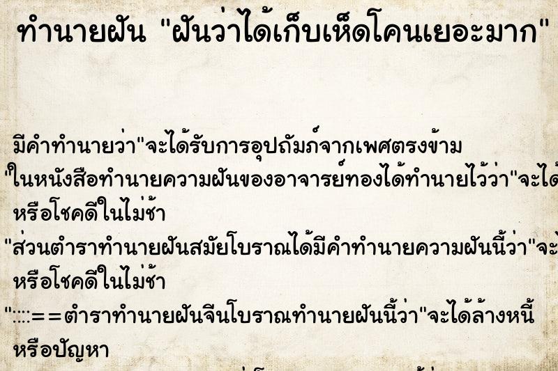 ทำนายฝันฝันว่าได้เก็บเห็ดโคนเยอะมาก ทำนายฝันทำนายฝันฝันว่าได้เก็บเห็ดโคนเยอะมาก