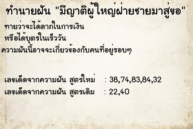 ทำนายฝันมีญาติผู้ใหญ่ฝ่ายชายมาสู่ขอ ทำนายฝันทำนายฝันมีญาติผู้ใหญ่ฝ่ายชายมาสู่ขอ
