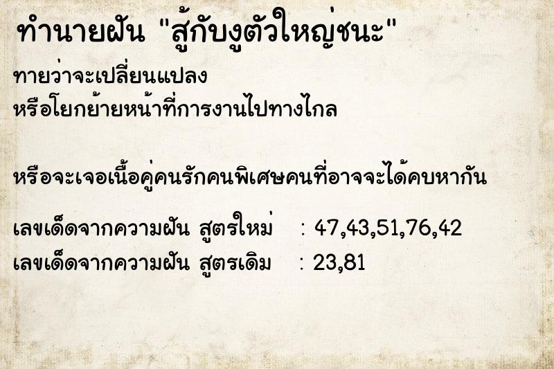 ทำนายฝันทำนายฝันสู้กับงูตัวใหญ่ชนะ