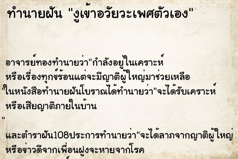 ทำนายฝัน งูเข้าอวัยวะเพศตัวเอง ตำราโบราณ แม่นที่สุดในโลก