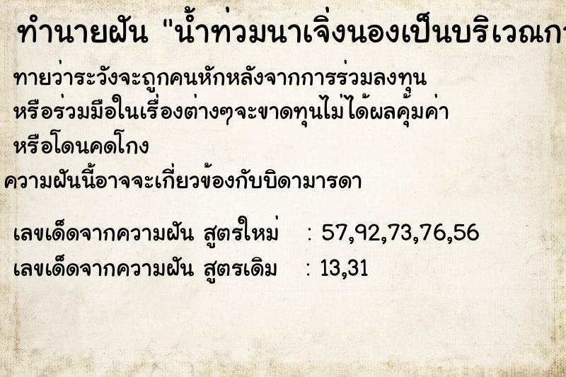 ทำนายฝันน้ำท่วมนาเจิ่งนองเป็นบริเวณกว้าง ทำนายฝันทำนายฝันน้ำท่วมนาเจิ่งนองเป็นบริเวณกว้าง