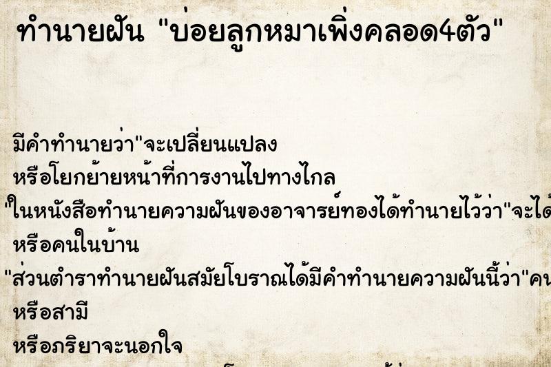 ทำนายฝัน บ่อยลูกหมาเพิ่งคลอด4ตัว ทำนายฝัน บ่อยลูกหมาเพิ่งคลอด4ตัว