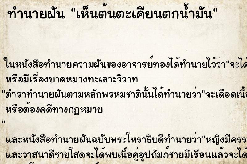 ทำนายฝัน เห็นต้นตะเคียนตกน้ำมัน ทำนายฝัน เห็นต้นตะเคียนตกน้ำมัน
