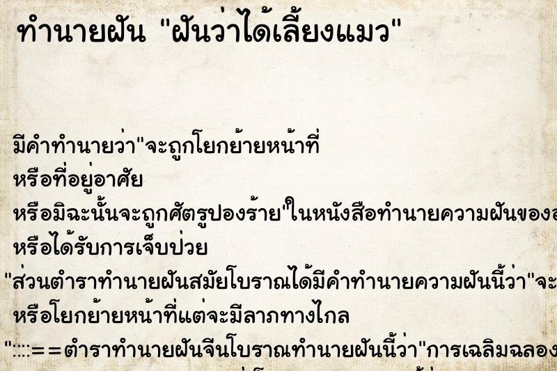 ทำนายฝัน ฝันว่าได้เลี้ยงแมว ทำนายฝัน ฝันว่าได้เลี้ยงแมว
