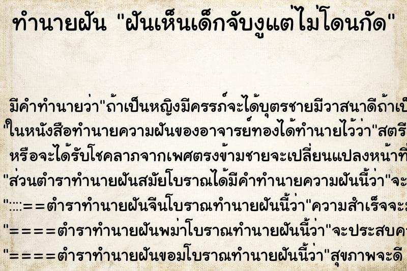 ทำนายฝัน ฝันเห็นเด็กจับงูแต่ไม่โดนกัด ทำนายฝัน ฝันเห็นเด็กจับงูแต่ไม่โดนกัด